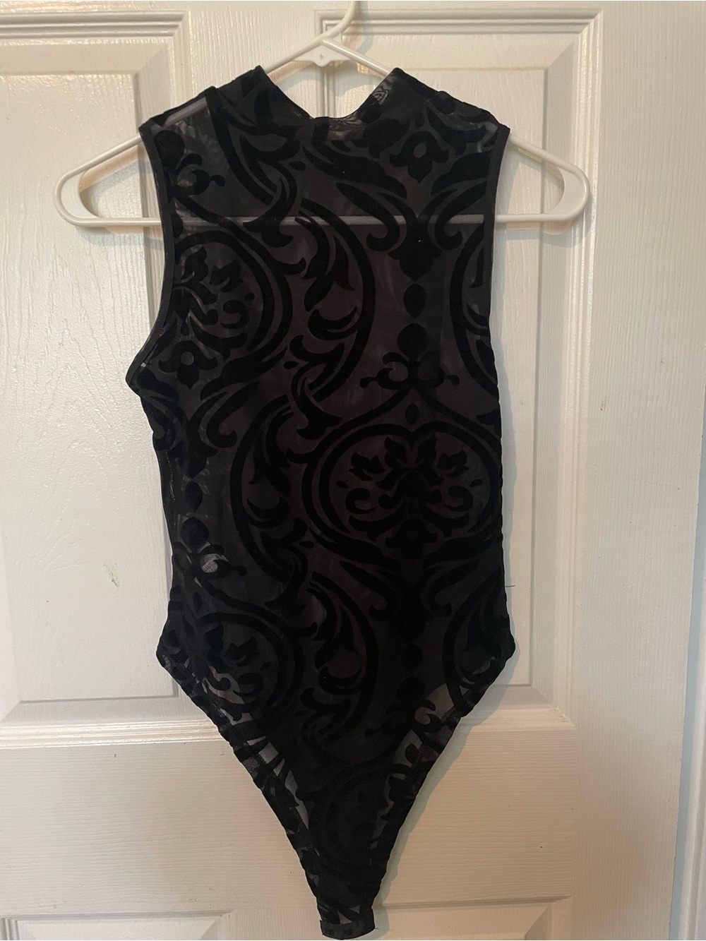 Elegant Black Damask Flocked Mesh Mock Neck Bodysuit